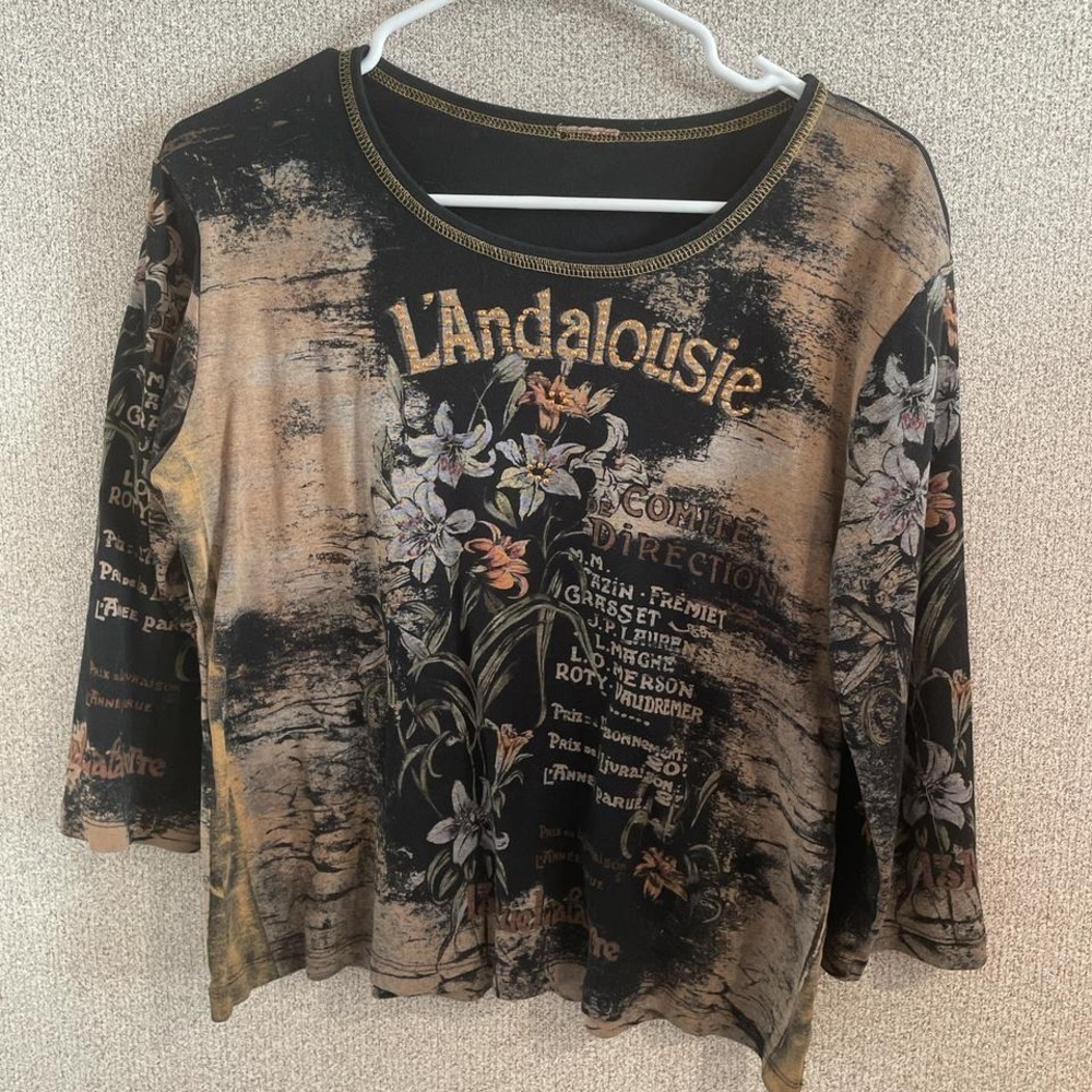 L'Andalousie Vintage French Graphic Top 3/4 Sleeve Floral Black Tan Womens